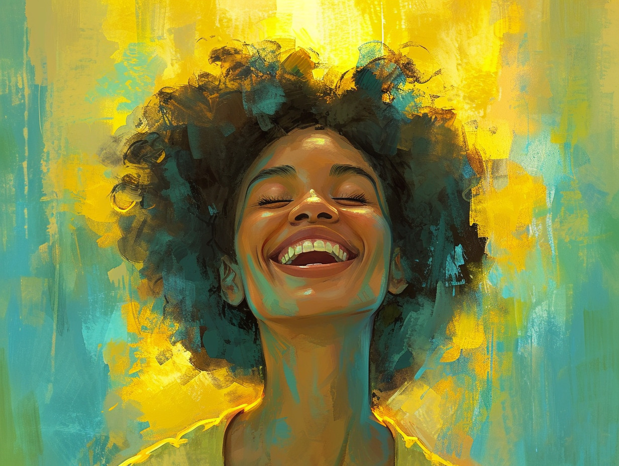 Mulher se abraçando e sorrindo