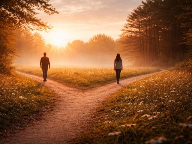 Duas pessoas caminhando por trilhas diferentes que se encontram em uma clareira iluminada.
