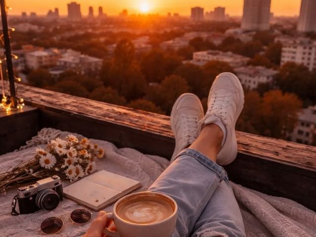Pés cruzados e uma xícara de café diante do pôr do sol sobre a cidade.