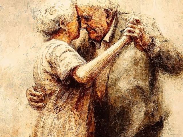 Pintura de um casal de idosos dançando abraçado, em tons de sépia.