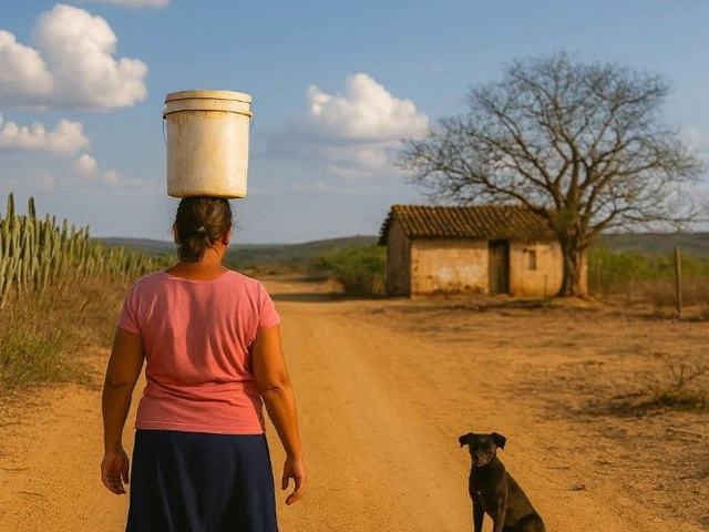 Mulher carregando um balde na cabeça por uma estrada de terra, acompanhada por um cachorro.